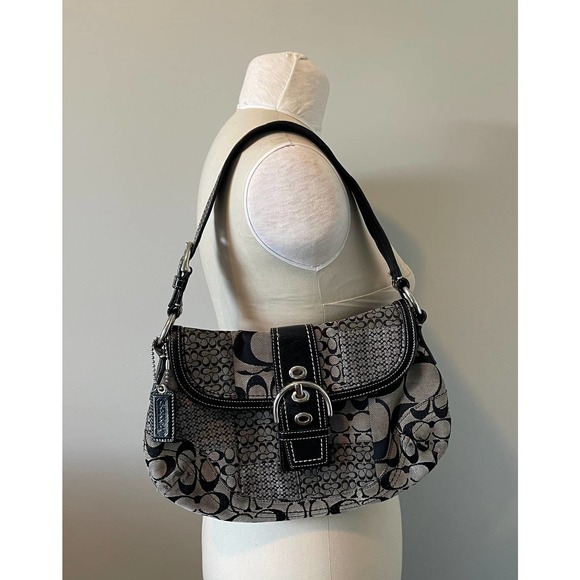 Coach Soho Black Signature Logo Jacquard Patent Leather Shoulder Bag F12316 - Picture 1 of 7